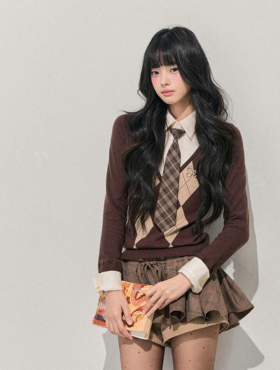 Faux Two-Piece Diamond Pattern Sweater DIA0747