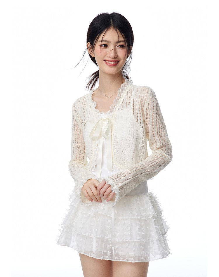 Hollow Light Bow Lace Knitted Cardigan/Camisole/Skirt NTO0102