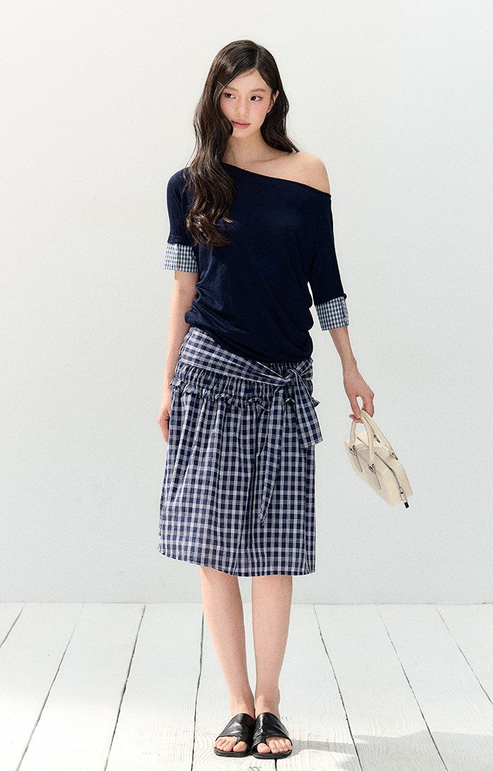 Oblique Shoulder Plaid T-shirt SHI0142