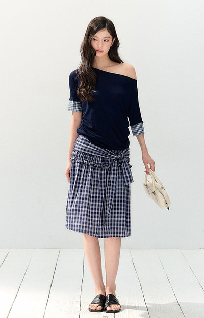Oblique Shoulder Plaid T-shirt SHI0142