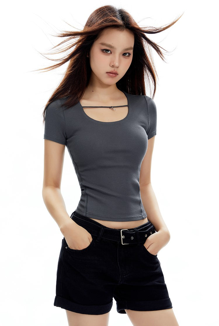 Slim Ribbed Lace-up U-neck Short-sleeved T-shirt APE0327