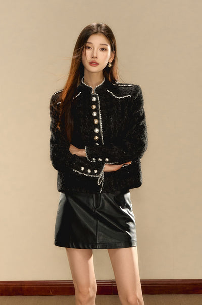 All-match Black Leather High Waist Slim A-line Short Skirt OSH0082