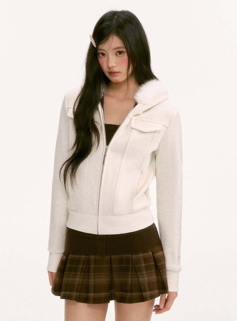 White Retro Fur Collar Hooded Jacket WEE0126