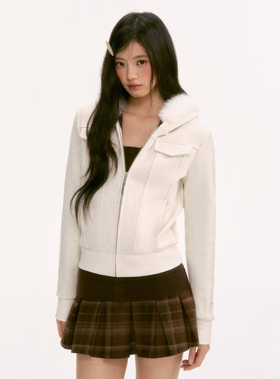 White Retro Fur Collar Hooded Jacket WEE0126