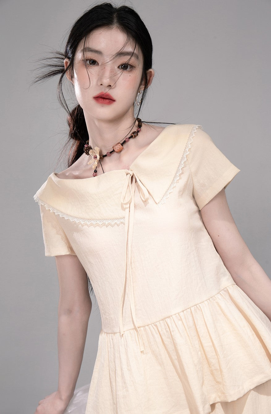 Cream Lapel Short Sleeve Top/Skirt COT0324