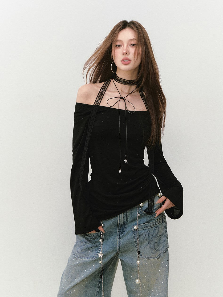 One-shoulder Backless Beaded T-shirt VIA0281