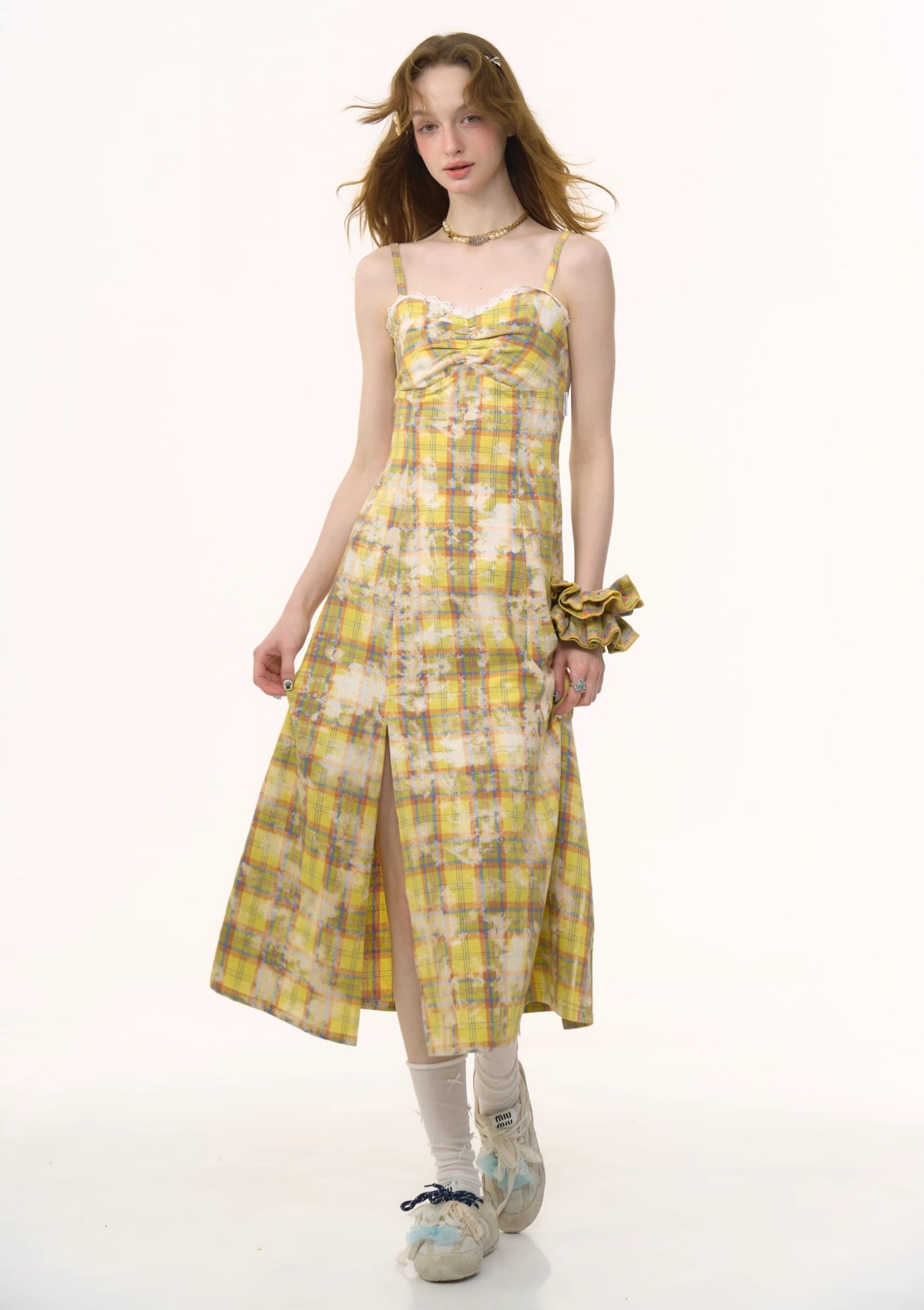Plaid Tie-dye Slit Suspender Dress ZIZ0267