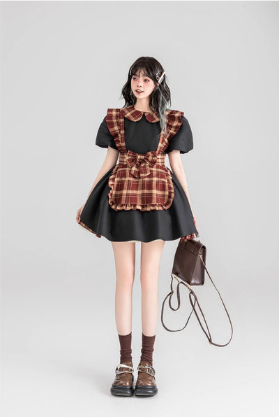 Maid Style Plaid Short Skirt Black Dress KEI0076