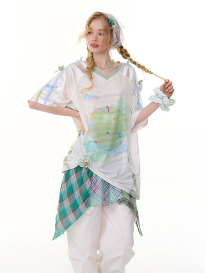 Apple Print Sports Style V-neck T-shirt ZIZ0286