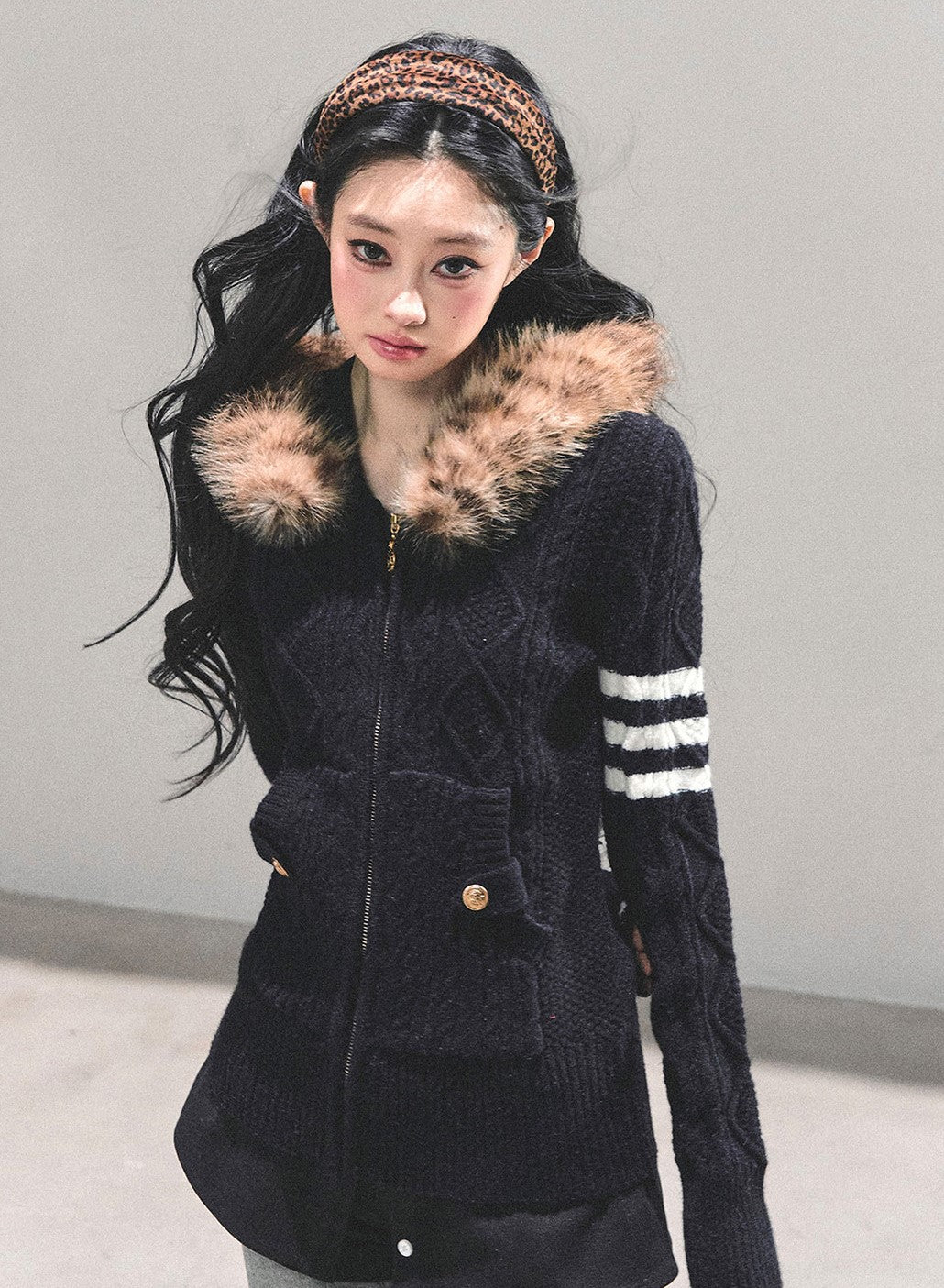 Fur Hooded Knit Cardigan DIA0705