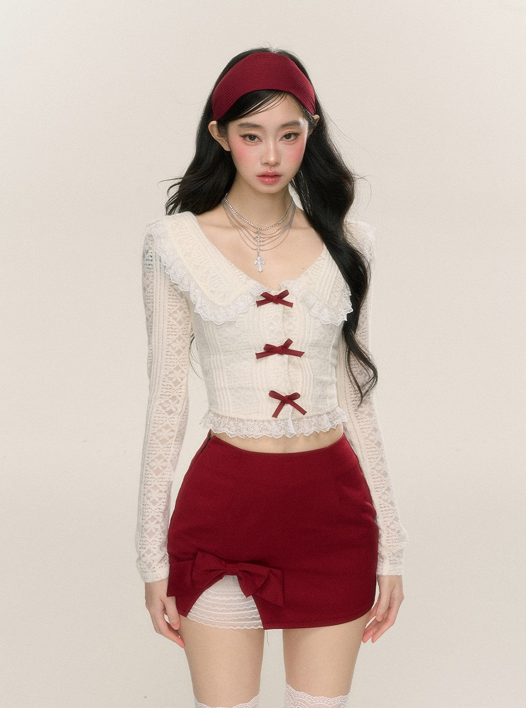 Sweetheart Doll Collar Lace Long Sleeve Thin Shirt/Red Skirt DIA0220