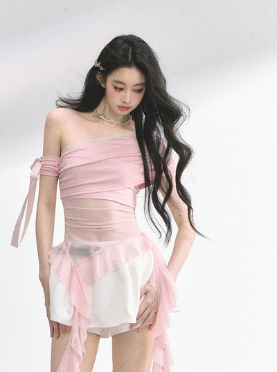 Off-shoulder Transparent Mesh Top DIA0510