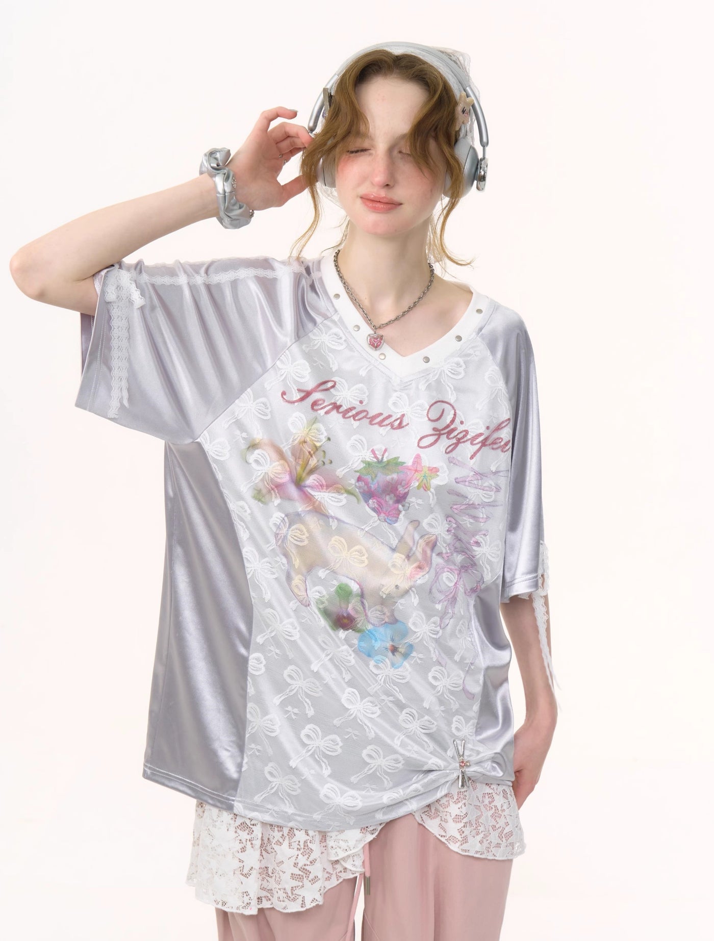 Satin Lace Bow Gray T-shirt ZIZ0245