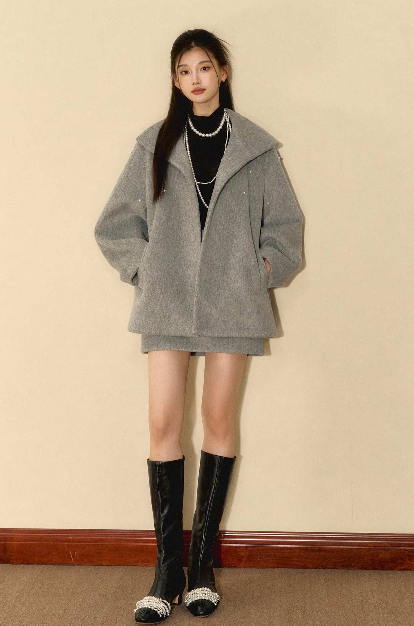 Grey High-end Beaded Loose Wool Jacket/Skirt OSH0088