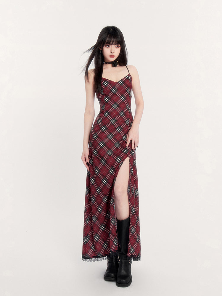 Red Plaid Slit Lace Backless Suspender Dress VOC0224