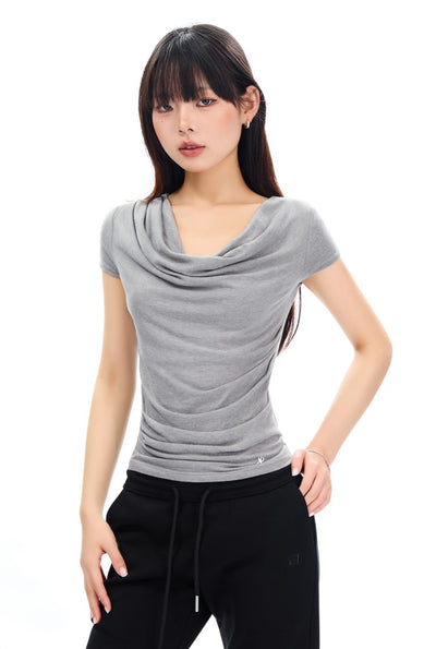 Swing Collar Waist Pleated Short Sleeve T-shirt APE0307