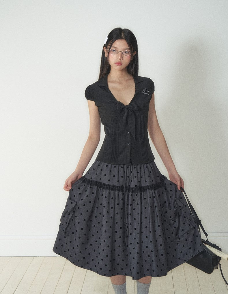 Gray Polka Dot Pocket Midi Skirt SOO0013