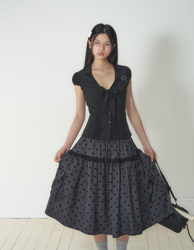 Gray Polka Dot Pocket Midi Skirt SOO0013