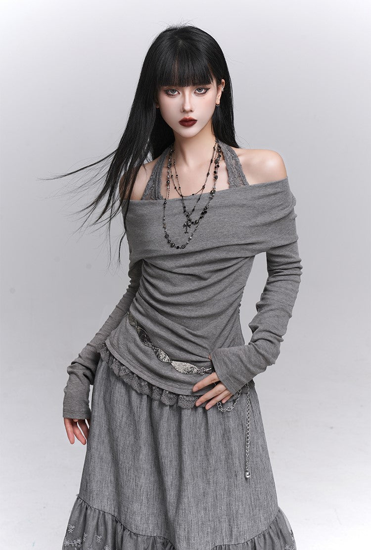 Off-Shoulder Long Sleeve Halter Neck Top LAD0231