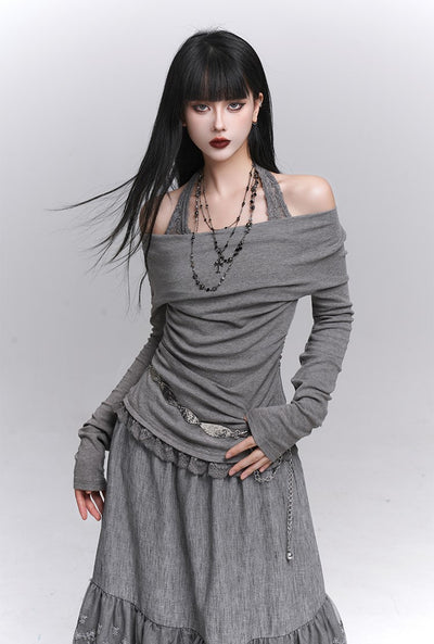 Off-Shoulder Long Sleeve Halter Neck Top LAD0231