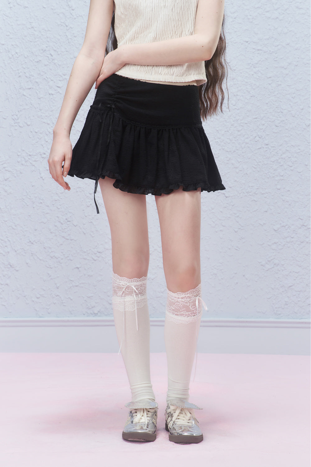 Lace Hem Ribbon Short Skirt AYF0029