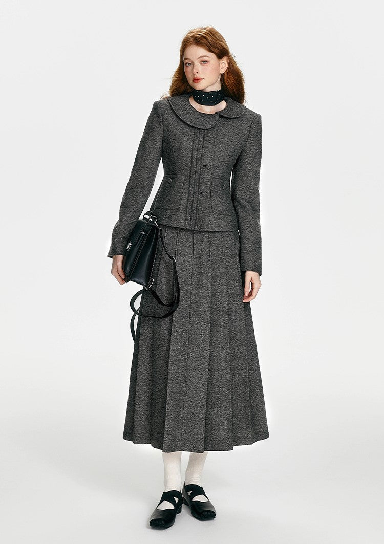 Simple Retro Tucker Line Jacket/Waist Wool Skirt BOH0089