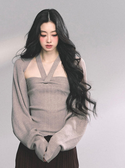 French Knitted Halter Neck Top+Shawl DIA0630
