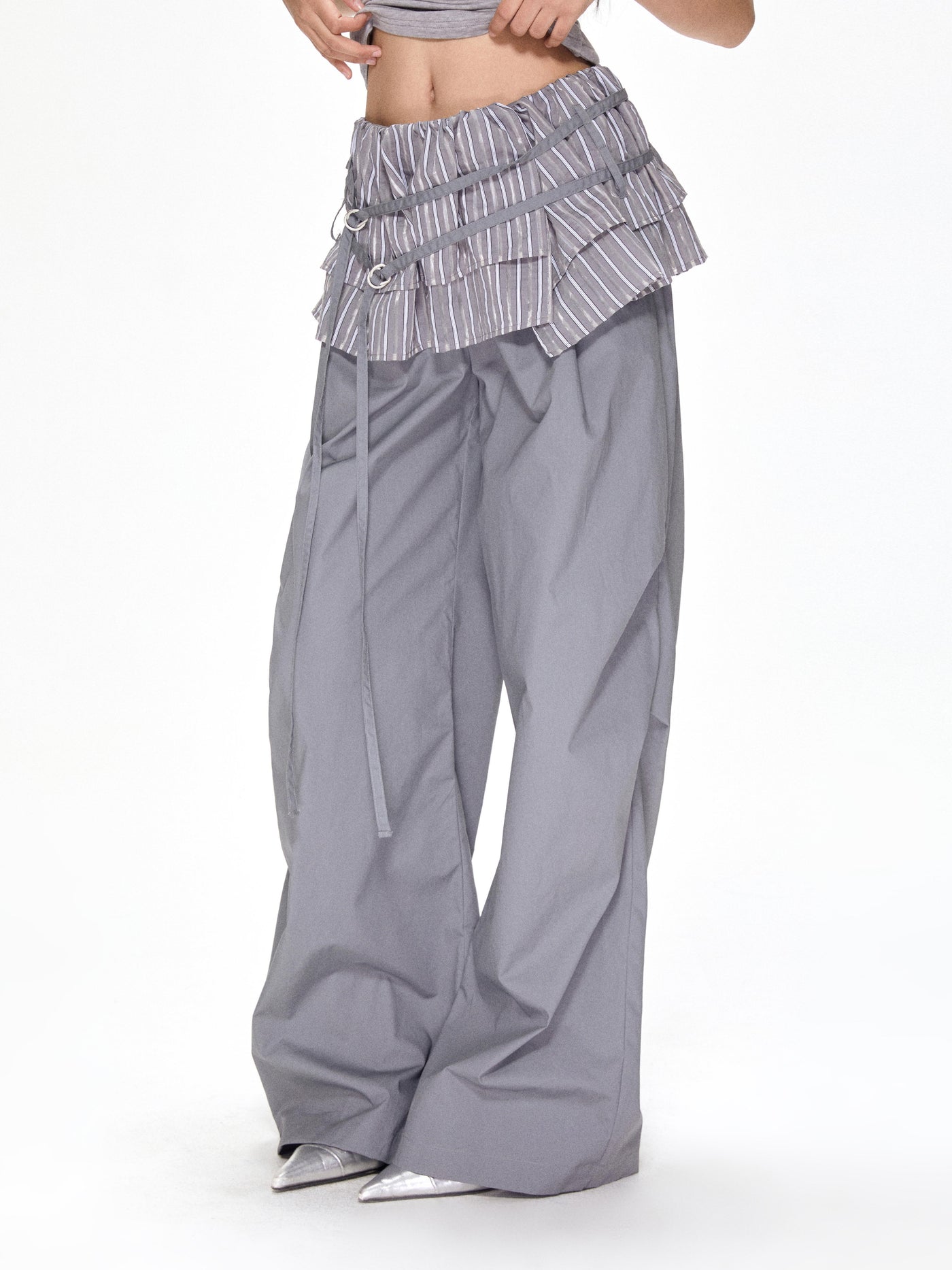 Satin Ruffled Casual Straight Pants APE0392