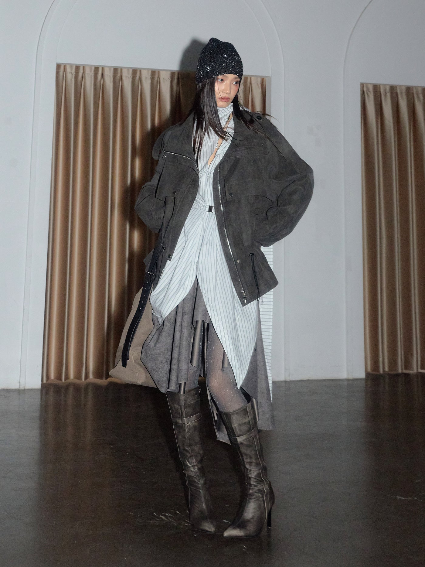 Workwear Pockets Drawstring Leather Jacket JNY0276