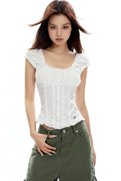 Lace Button Waist Slim Puff Sleeve Shirt APE0324