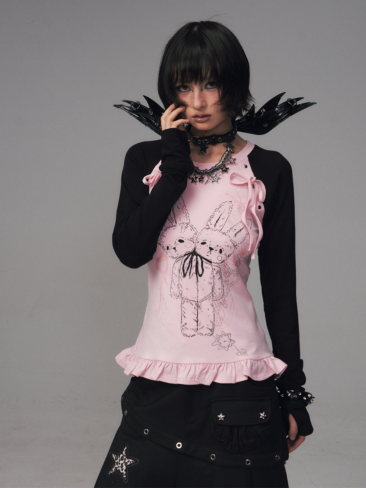 Bow Lace Print Raglan Long Sleeve T-Shirt FRU0126