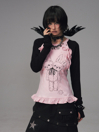 Bow Lace Print Raglan Long Sleeve T-Shirt FRU0126