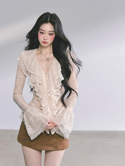 Lace Hollow Ruffled Long Sleeve Shirt DIA0588