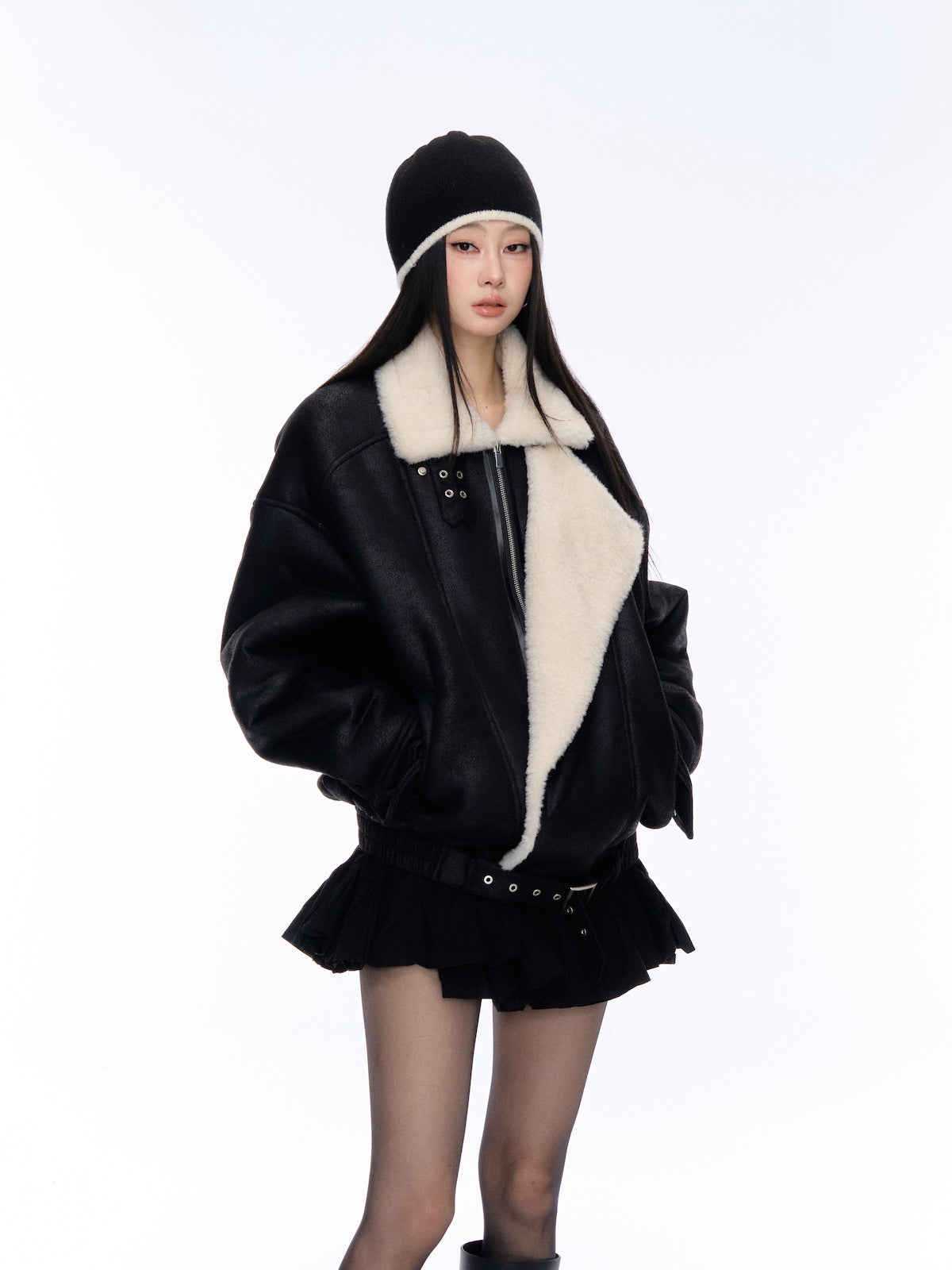 Black Placket Lapel Fur Jacket CUR0180