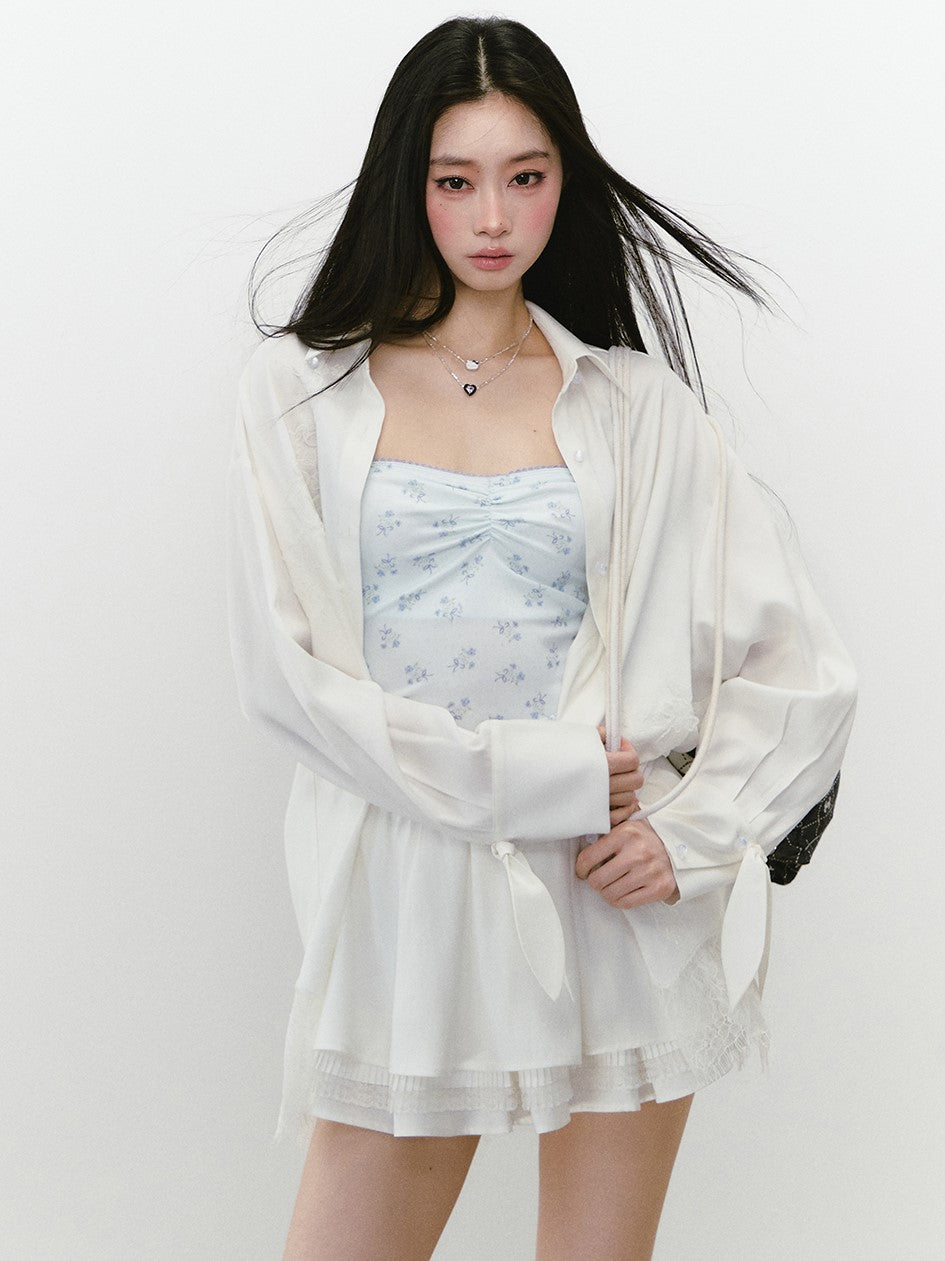 Mesh Lace Stitching Beads Shirt VIA0239