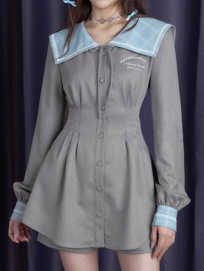 Gray-blue Sailor Collar Waist Dress/Shorts SAG0191