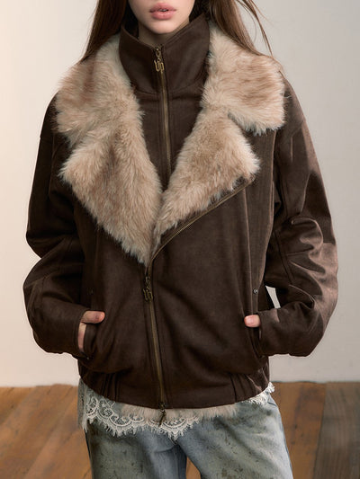 Loose-fitting Faux Two-Piece Fur Collar Jacket VIA0353