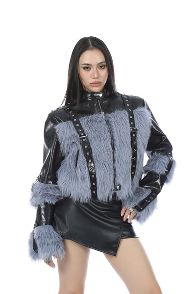 Blue Lazy Belt Buckle Fur Straped Jacket NOL0043