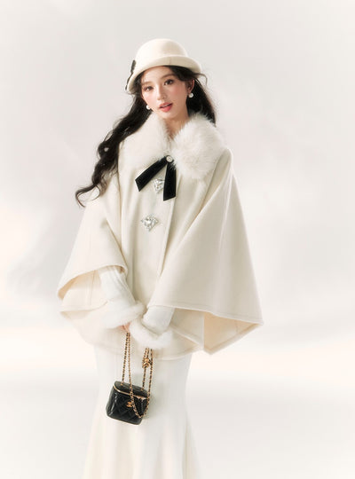 Ribbon Diamond Button Fur Collar Cape BBB0091