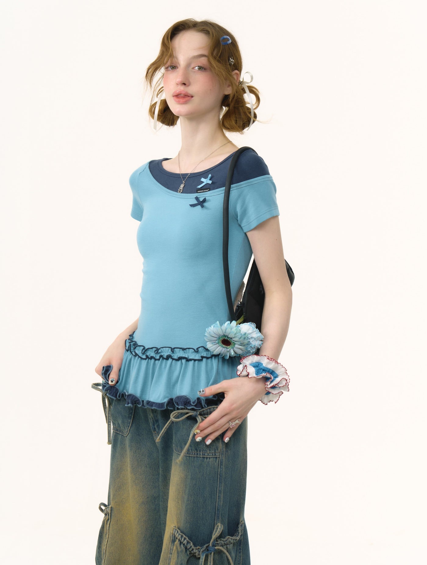 Fake Two-piece Bow Lace Hem T-shirt ZIZ0246