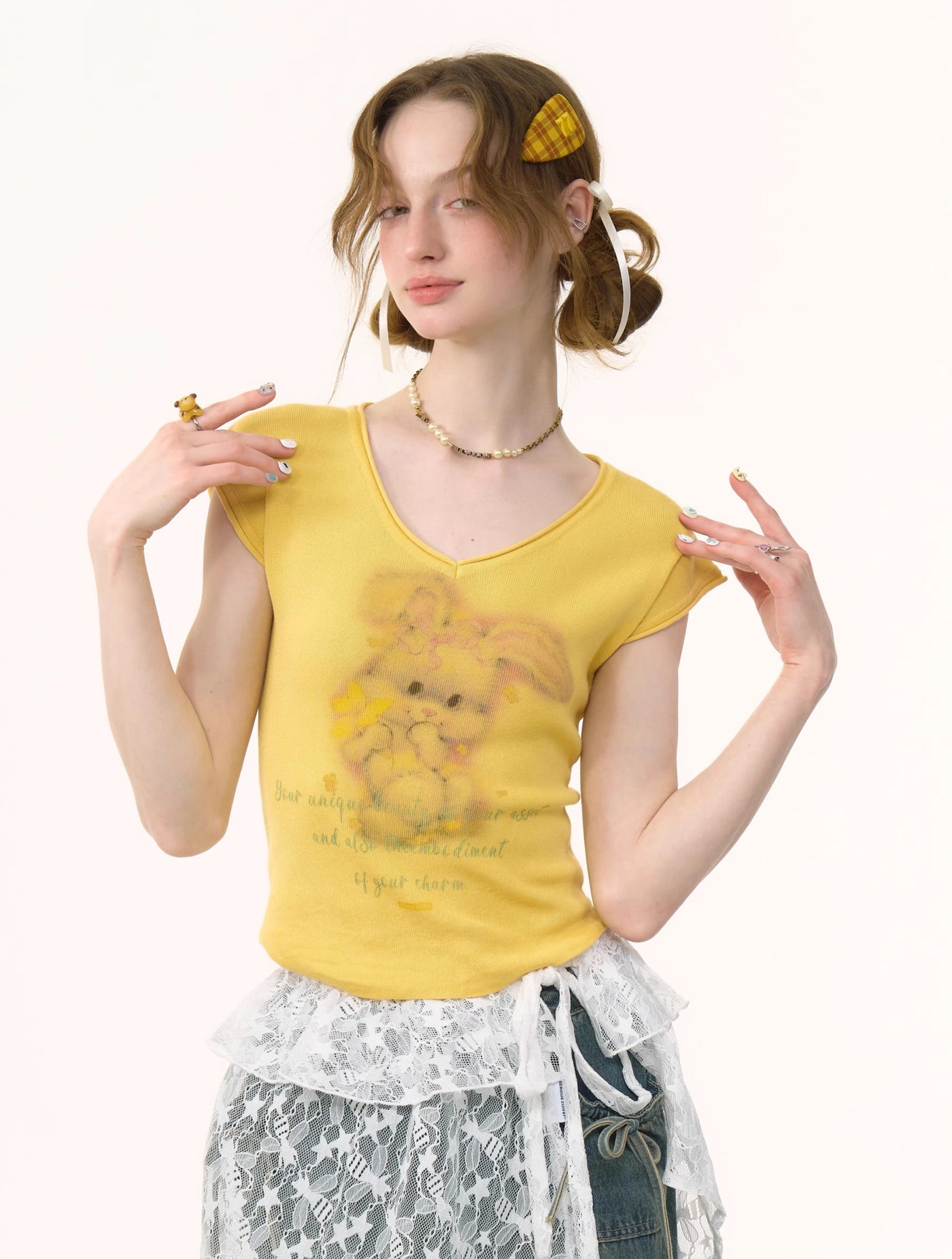 Rabbit Print V-neck T-shirt ZIZ0254