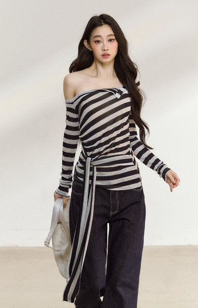 Oblique Shoulder Tie Striped T-shirt SHI0213
