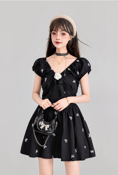 French Floral Bow Embroidered Black Puff Sleeves V-neck Princess Dress KEI0119