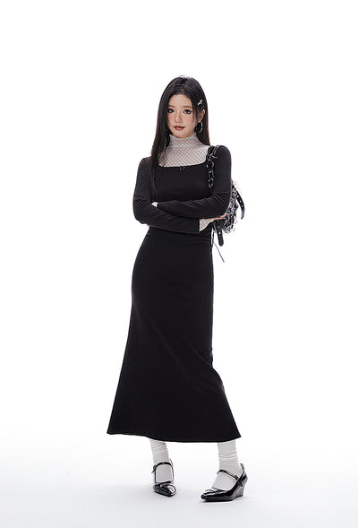 Fake Two-piece Pleated Waist Mesh Half-turtleneck Mermaid Tail Dress IMO0070