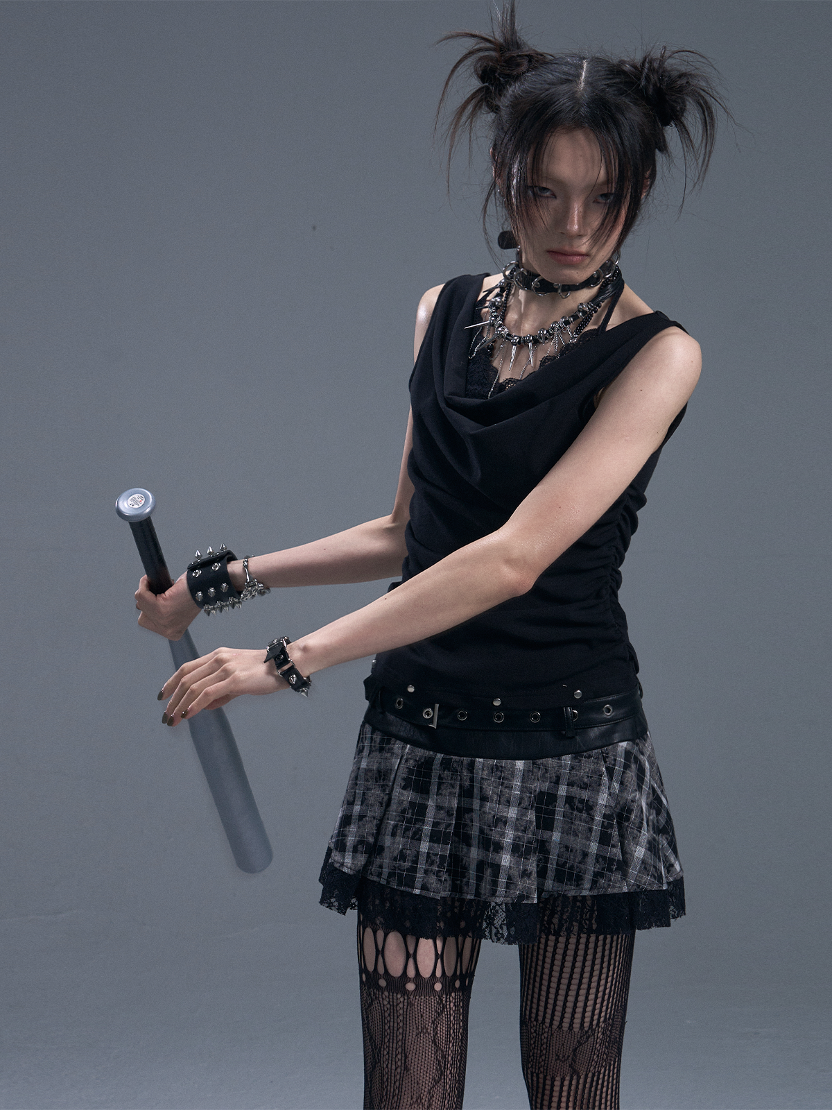 Punk Rock Plaid Double Belt Skirt FRU0091