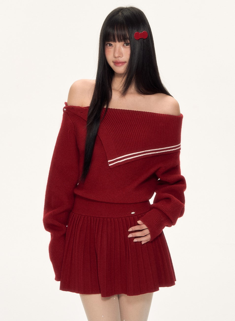 Irregular Navy Collar Off-shoulder Knit Dress WEE0095