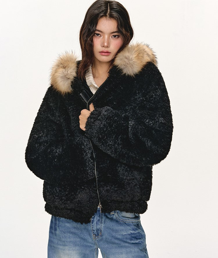 Fur Collar Black Hooded Jacket ANA0108