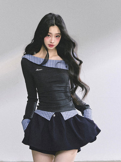 Fake Two-Piece Off-Shoulder Plaid T-Shirt DIA0575