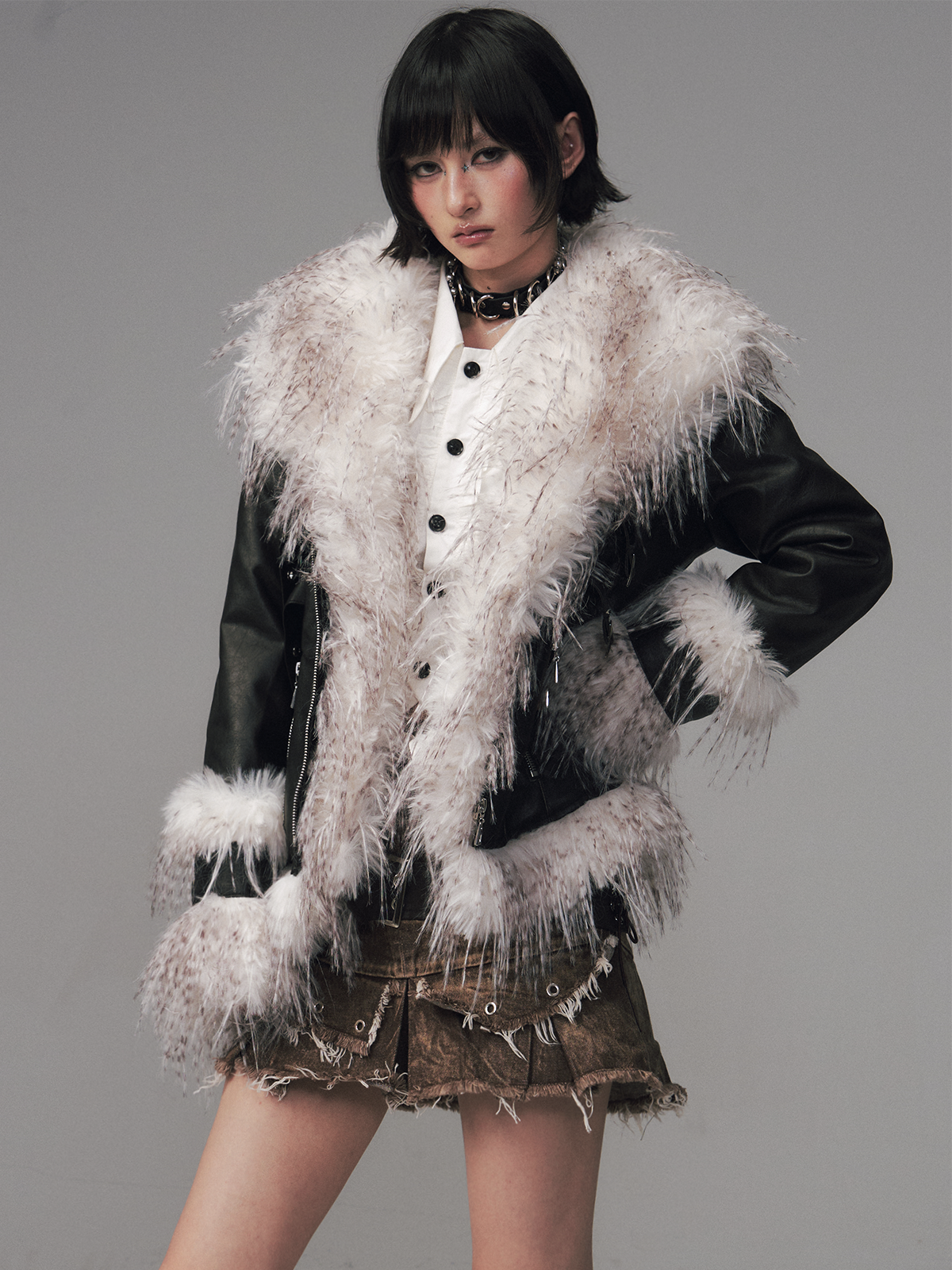 Large Fur Collar Short Coat FRU0129