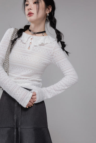 White Lotus Leaf Hollow Collar Sweater COT0348